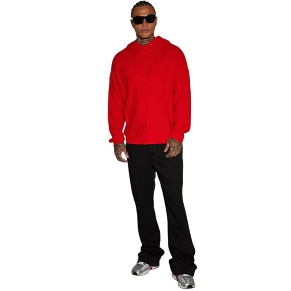 Cableknit Hooded Pullover Long Sleeve Sweater Red Men's - Picture 3 of 4